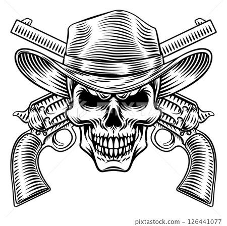 Cowboy Hat Skull and Crossed Gun Pistol Revolvers 126441077