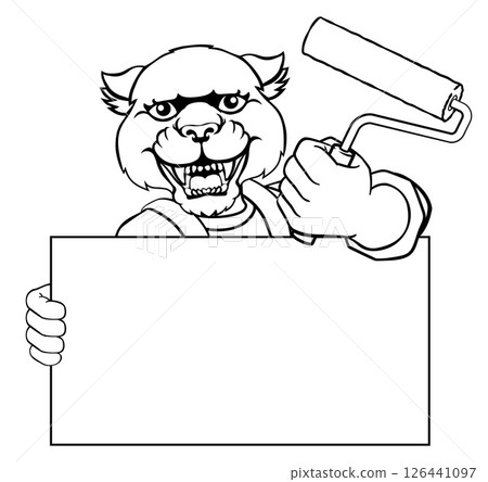 Panther Painter Decorator Paint Roller Mascot Man Panther Painter Decorator Paint Roller Mascot Man 126441097