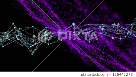 Network of connections and data processing image over purple particles on black background Network of connections and data processing image over purple particles on black background 126441278