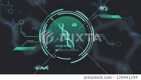 Image of network of connections with dna strand over chemical formula Image of network of connections with dna strand over chemical formula 126441294