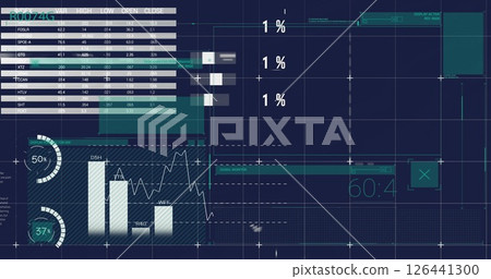 Image of data processing and diagrams over world map and globes 126441300