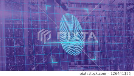 Image of fingerprint and letters with numbers over server room Image of fingerprint and letters with numbers over server room 126441335