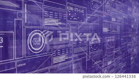 Image of data processing and diagrams over server room Image of data processing and diagrams over server room 126441338