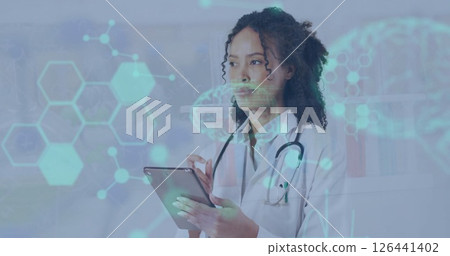 Image of data processing and chemical formula over biracial female scientist Image of data processing and chemical formula over biracial female scientist 126441402