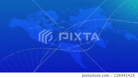 Image of dna strand and world map on blue background 126441428