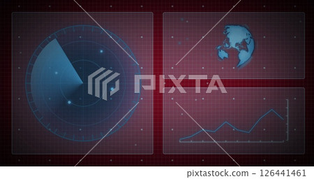 Image of diagrams, scanner and globe on red background 126441461