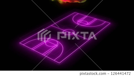 Image of yellow and red particle wave over purple neon basketball court on black background 126441472