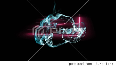 Image of white particle wave over pink neon basketball court on black background 126441473