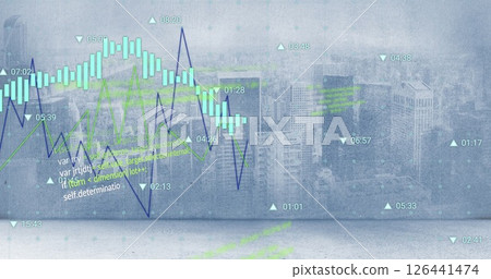 Image of graph and processing data over cloudy cityscape 126441474