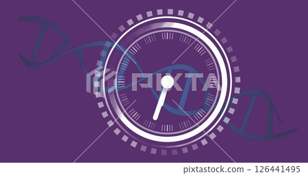 Image of clock over dna strand on purple background Image of clock over dna strand on purple background 126441495