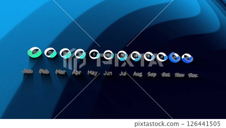 Image of data processing with months over blue shapes on black background 126441505