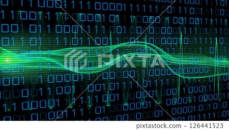 Image of binary coding and digital data processing over black background Image of binary coding and digital data processing over black background 126441523