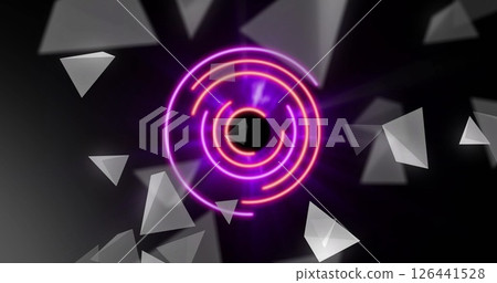 Image of neon circles spinning over grey triangles on black background 126441528