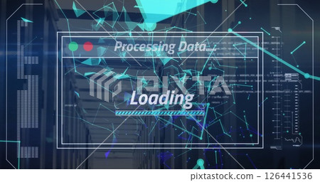 Image of data processing and loading bar with shapes over server room 126441536