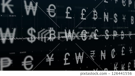 Image of data processing and diagrams over currency symbols Image of data processing and diagrams over currency symbols 126441556