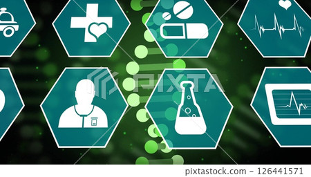 Image of scientific data processing and medical icons over dna strand Image of scientific data processing and medical icons over dna strand 126441571