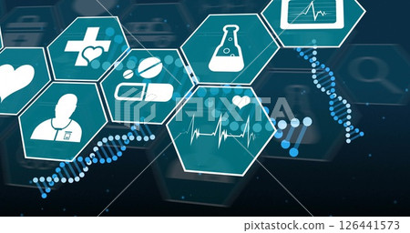 Image of scientific data processing and medical icons over dna strands Image of scientific data processing and medical icons over dna strands 126441573