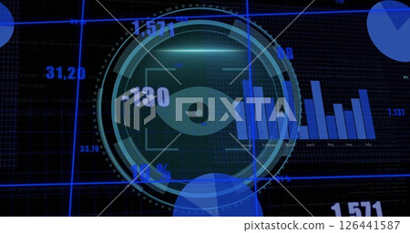Image of data processing over syber security text and scope scanning on black background 126441587
