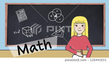 Image of school items drawings and math text with schoolgirl icon on black board Image of school items drawings and math text with schoolgirl icon on black board 126441631