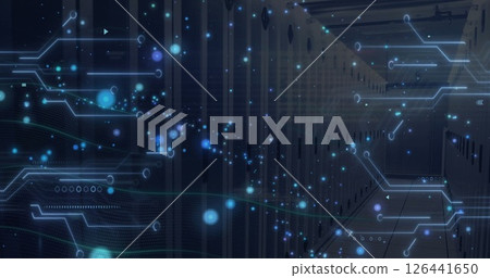 Image of digital data processing and circuit board over computer servers 126441650