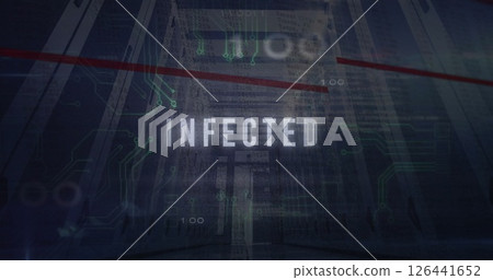 Image of virus text, digital data processing and circuit board over computer servers 126441652