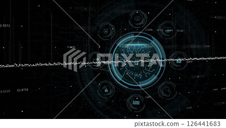 Image of digital data processing over scope scanning with icons and padlock 126441683