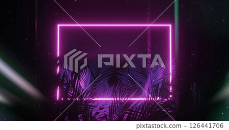 Image of neon frame with tropical leaves on black background 126441706