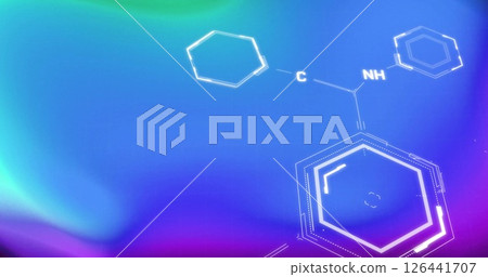Image of chemical formula and shapes moving on black background 126441707