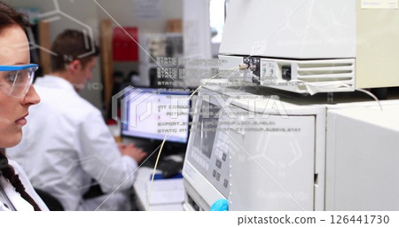 Image of scientific data processing over caucasian female scientist in laboratory Image of scientific data processing over caucasian female scientist in laboratory 126441730