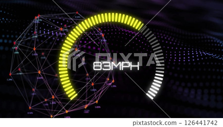 Image of speedometer moving over data processing and network of connections 126441742