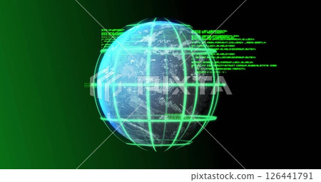 Image of network of connections and globe with data processing on black background Image of network of connections and globe with data processing on black background 126441791