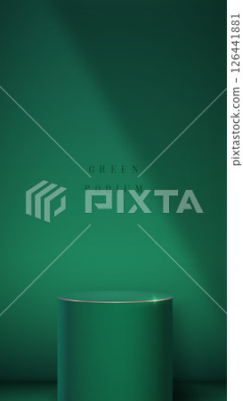 Minimalist design featuring smooth green cylinder against deep g 126441881