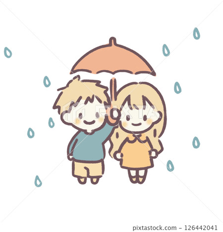 Deformed touch, illustration of a man and a woman sharing an umbrella, simple, material, document creation, no background, rainy season 126442041