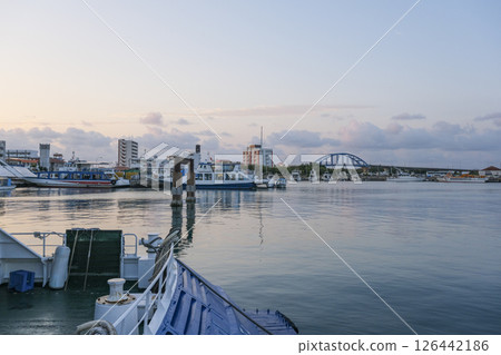 Ishigaki Port in the early morning, with many cruise ships and ferries anchored 126442186