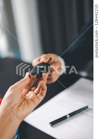 Concept business vehicle finance protection office plan investment buy sell car ensuring idea financial security. automobile agent hand protect purchase insurance and secure favorable loan deal. 126442210