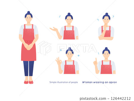 A woman wearing an apron for housework and customer service scenes Gesture pose vector illustration set A woman wearing an apron for housework and customer service scenes Gesture pose vector illustration set 126442212