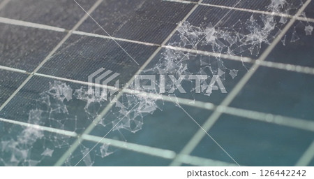 Image of dna strand over grid on blue background 126442242