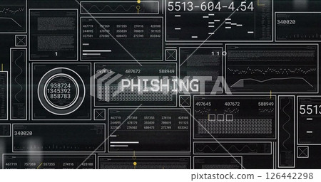 Image of phishing text and digital data processing over black background 126442298