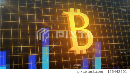 Image of bitcoin sign and financial data processing over world map on black background 126442301