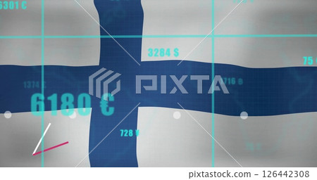 Image of diagrams over flag of finland and data processing 126442308