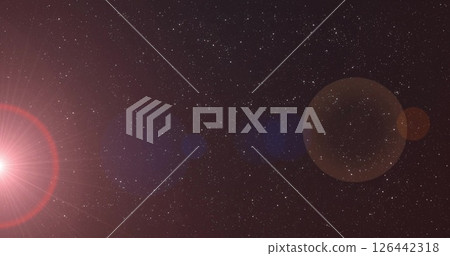 Image of glowing light spots and snow falling over black background 126442318