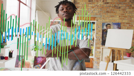 Image of financial data processing over african american businessman in office 126442333