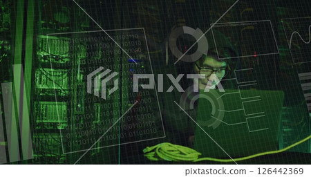 Image of data processing and diagrams over asian male hacker in server room Image of data processing and diagrams over asian male hacker in server room 126442369