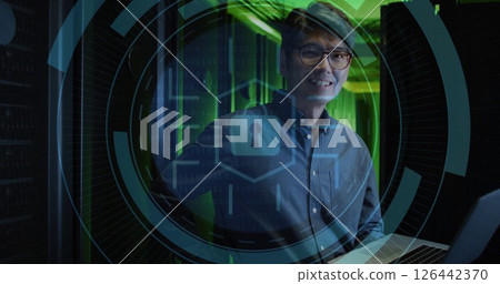 Image of scope scanning and padlock over asian male worker in server room Image of scope scanning and padlock over asian male worker in server room 126442370