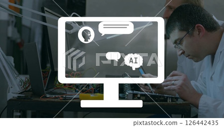 Image of ai chatbot icons on computer screen over diverse engineers 126442435