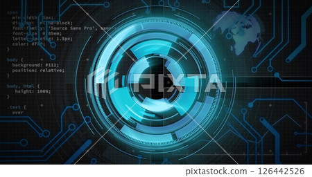 Futuristic digital interface with rotating blue circles and coding image Futuristic digital interface with rotating blue circles and coding image 126442526