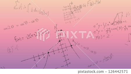 Image of mathematical equations over pink background 126442571