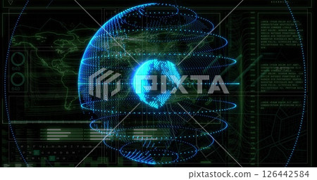 Image of digital data processing over globe on black background 126442584