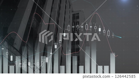 Image of data processing and diagrams over cityscape 126442585