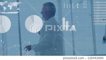 Image of data processing and diagrams over caucasian male doctor running 126442600